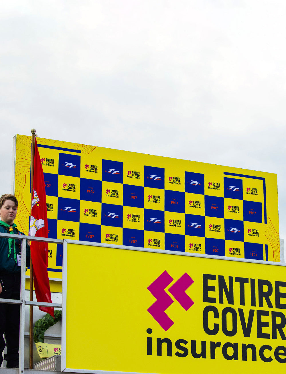 Isle of Man TT Races 2025 Entire Cover insurance Supertwin Race 2 Podium Backdrop